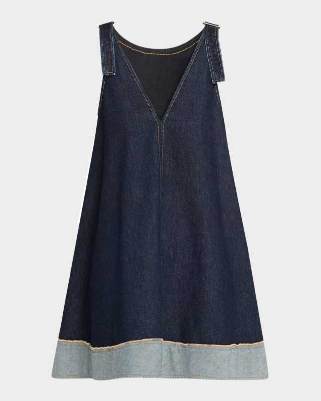 Trapeze Denim Contrast-Hem Mini Dress